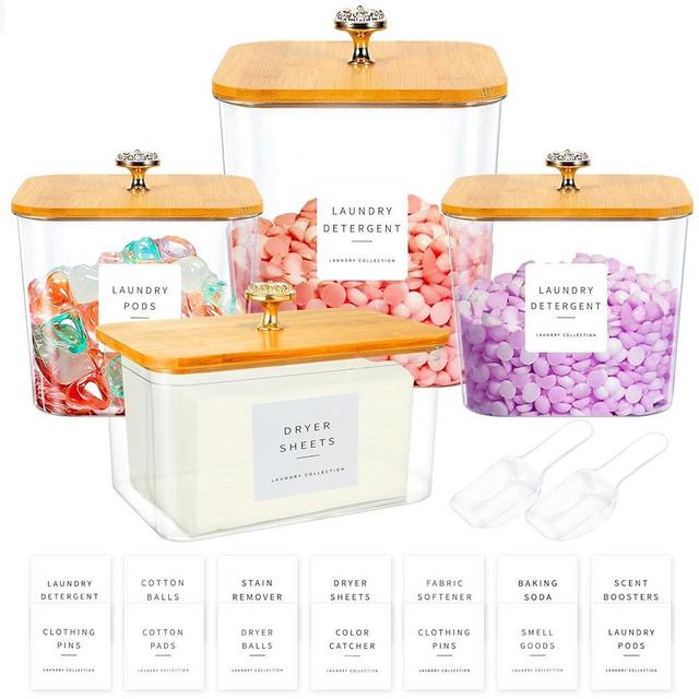 POLRAI 4 Pack Laundry Pod Containers and Dryer Sheet Holder for Laundry Room Organization Acrylic Jars with Lids and Labels for Laundry Detergent Laundry Pods Dry Sheet Organizing