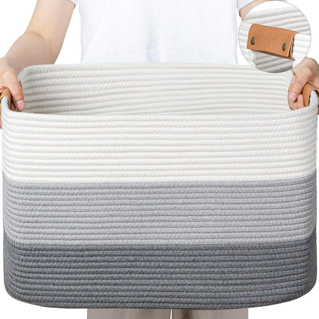 danpinera Extra Large Blanket Basket, 25"x16"x16" Large Storage Basket for Organizing, Cotton Rope Woven Baskets with Handle, Blanket Basket for Toys, Pillows, 108L, Gradient Grey