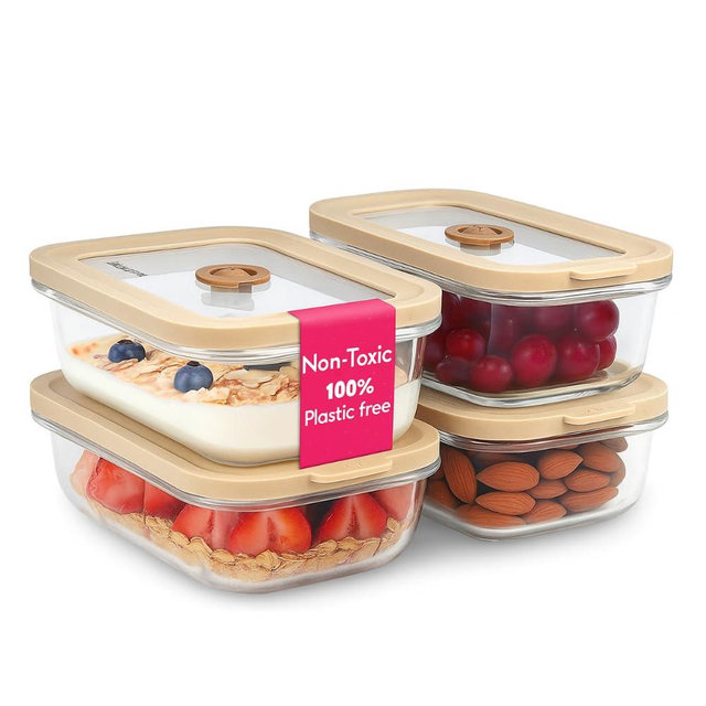 Ziruma Non-Toxic 1.5 cup Glass Food Storage Containers with Lids - Overnight Oats, Plastic Free Meal Prep, Reusable, Airtight, Microwave and Freezer Safe, 4 Pack
