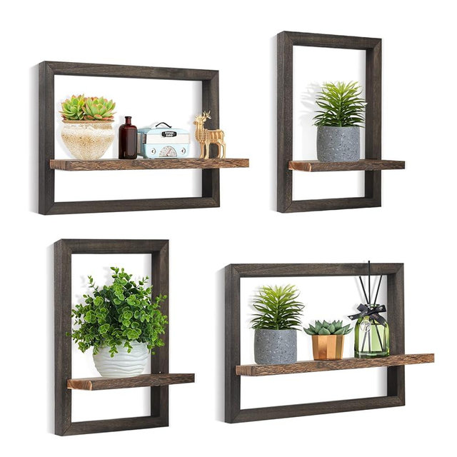 idee-home Floating Shelves for Wall, Rustic Square Floating Shelves Set of 4 Wood Wall Shelves, Hanging Shelves for Wall Decor, Wall Mounted Shelves for Bathroom, Living Room, Kitchen Storage Black