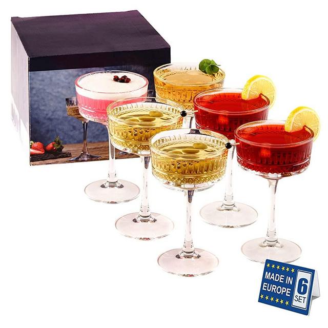 The Buybox Vintage Coupe Glasses Set of 6. Champagne, Cocktail, Martini, Wine Glasses, Long Stem Glassware, (8.8oz/260ml)