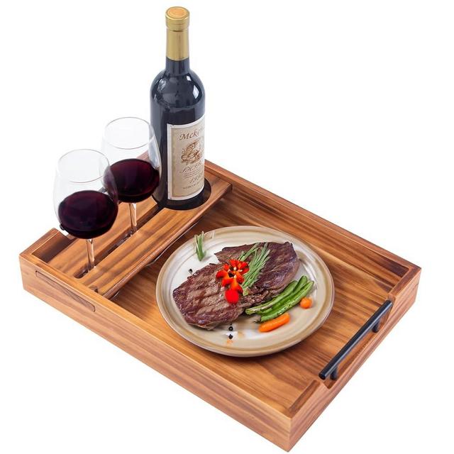Wood Serving Tray with Handles, 17"x12" Rustic Wooden Trays with Removable Wine Glass Holder Decorative Ottoman Tray for Living Room, Coffee Table, Breakfast Food Trays in Bed