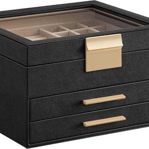 SONGMICS Jewelry Box Organizer with Glass Lid, 3-Layer Jewelry Storage, with 2 Drawers, Modern Style, Christmas Gift, 8 x 9.1 x 5.3 Inches, Graphite Black and Gold Color UJBC239B03