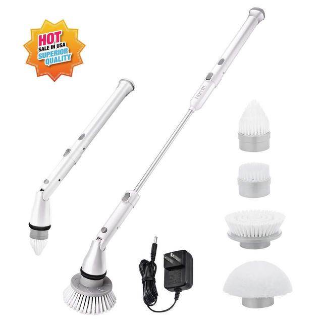 Homitt Electric Spin Scrubber, Cordless Tub and Tile Scrubber with 4 Packs Power Cleaning Scrubber Brush Heads, 1 Extension Handle and Adapter for Bathroom, Floor, Wall and Kitchen