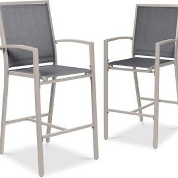 Best Choice Products Outdoor Bar Stools Set of 2, Bar Height, Patio Furniture, All Weather Mesh Design w/Armrest - Taupe/Charcoal