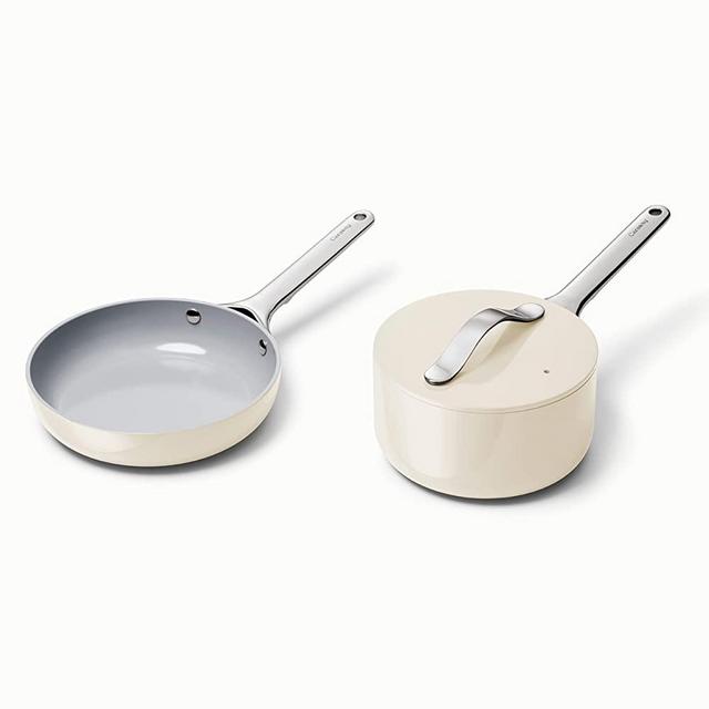 Caraway Mini Duo - Non-Stick Ceramic Mini Fry Pan (1.05 qt, 8") & Mini Sauce Pan (1.75 qt) - Non Toxic, PTFE & PFOA Free - Oven Safe & Stovetop Agnostic (Gas, Electric & Induction) - Cream