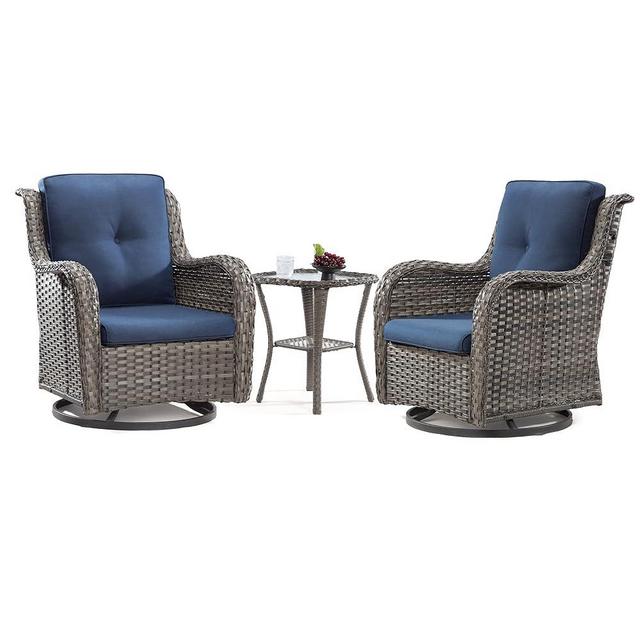 MeetLeisure Outdoor 360 Degree Swivel Rocker Patio Chairs Sets of 2 and Matching Side Table - 3 Piece Patio Wicker Glider Chairs with Olefin Cushions(Mixed Grey/Blue)
