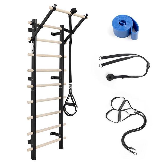 Swedish Ladder, Wood Stall Bar with Suspension Trainer Straps, Pull-Up Dip Bar Attachment, Strategic Rods, for Home, School, hysical Therapy and Gymnastics