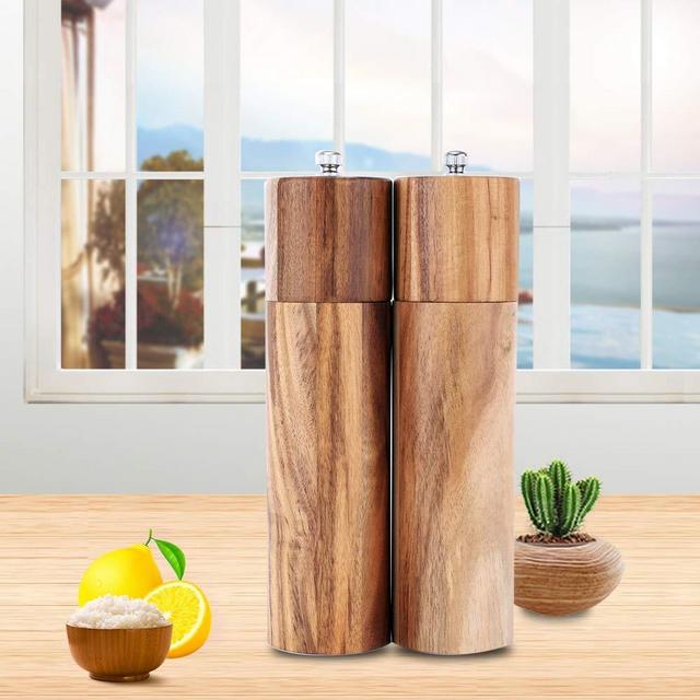 Wooden Salt and Pepper Grinder Set, Salt and Pepper Mill with free Wooden Spoon, Sea Salt and Pepper Shaker grinder, Adjustable Manual Salt Grinder, 8 inch, Acadia Wood, Set of 2