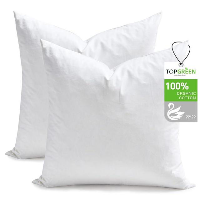 TOPGREEN Feathers Down Throw Pillow Inserts 22x22, Set of 2, 100% Organic Cotton Shell, Soft Decorative Square Pillows Insert for Living Room Sofa, Couch, or Bed (White)