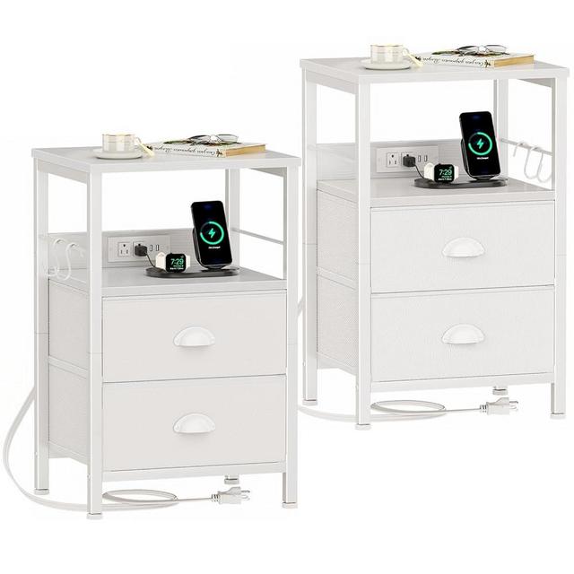 Furologee Nightstands Set of 2, Night Stands with Charging Station, Side Tables with 2 Fabric Drawers, End Tables with Storage Shelves, for Living Room, Bedroom, White