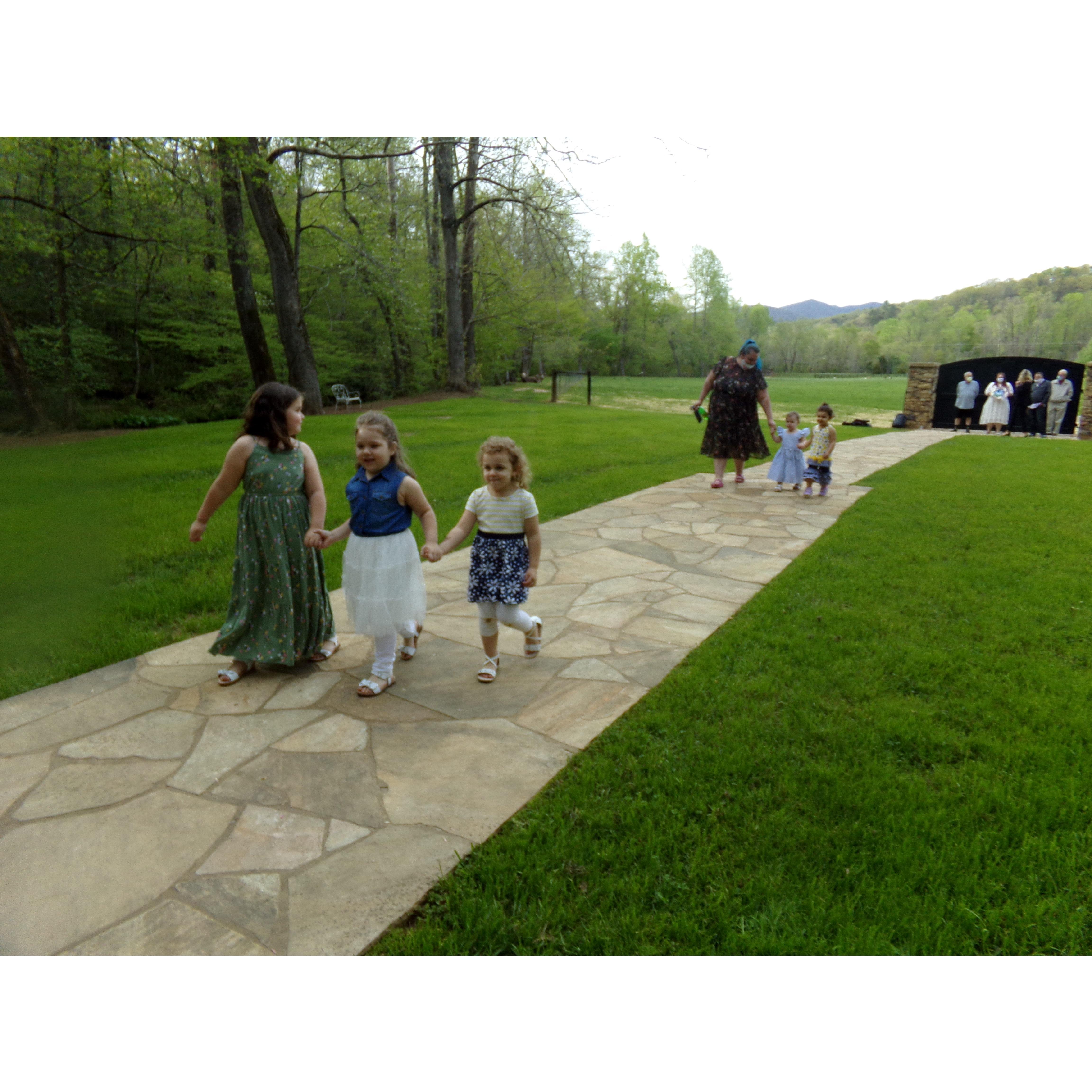 Heather and the flock of Flower Girls (front row, left to right: Reagan, Emma, Ryleigh; back row, left to right: Avery and Genevieve) during Rehearsal!