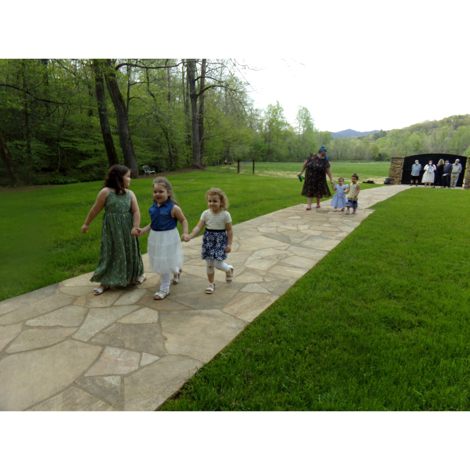 Heather and the flock of Flower Girls (front row, left to right: Reagan, Emma, Ryleigh; back row, left to right: Avery and Genevieve) during Rehearsal!