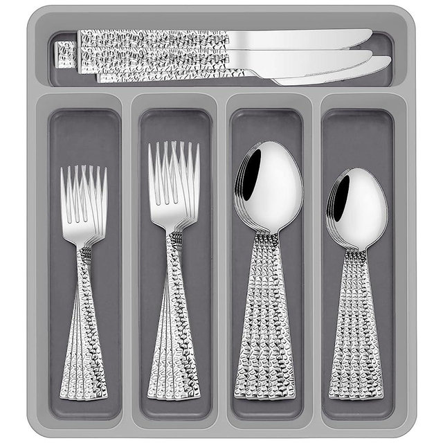 40-Piece Hammered Silverware Set with Organizer, Stainless Steel Square Flatware Set for 8, Food-Grade Tableware Cutlery Set, Utensil Sets for Home Restaurant, Mirror Finish, Dishwasher Safe