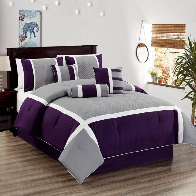 All American Collection New 7 Piece Embroidered Over-sized Luxury Comforter Set (King, Purple/Grey)