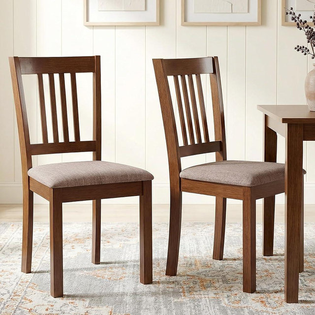 HOMCOM Dining Chairs Set of 2, Solid Wood Kitchen Chairs, Mid Century Modern Linen Fabric Upholstered for Dining Room, Living Room, Walnut Frame and Taupe Upholstery