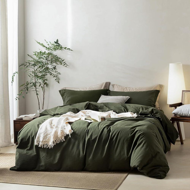 BDEAR Linen Feel Olive Green Duvet Cover King Size 104'' W x 90'' L, Percale 100% Washed Cotton Duvet Cover with Zipper Closure Plus 2 Pillowcases, Oeko TEX Standard 100 Certificated