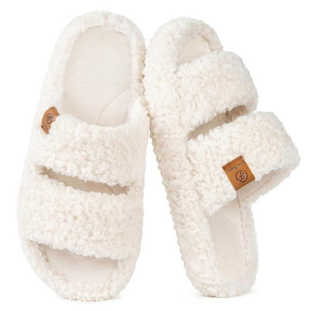 EverFoams Womens Fuzzy Open-toe Slippers Soft Comfy Memory Foam Indoor House Shoes