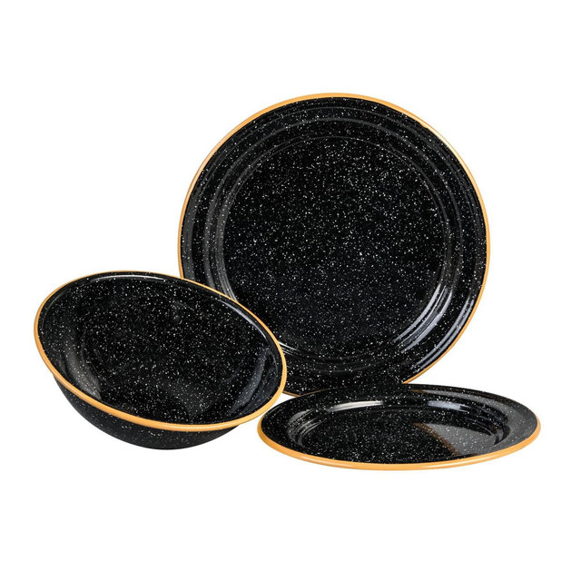 Granite Ware 3-Piece Camping Bowl & Plate Set for Outdoors, Speckled Black - Durable Steel Dinnerware - Unbreakable & Reusable for Dinner/Dessert