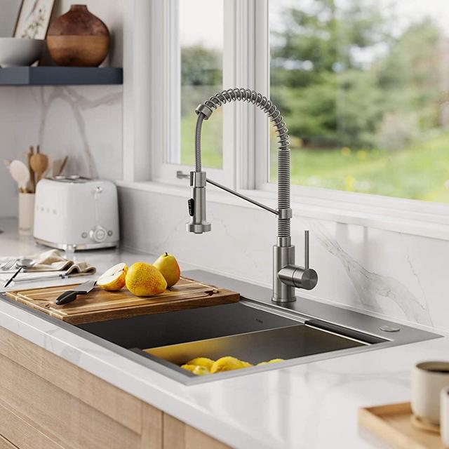 Kraus KWT310-33/18 Kore Workstation 33-inch Drop-In or Undermount 18 Gauge Single Bowl with Integrated Ledge and Accessories, 33 Inch, Sink