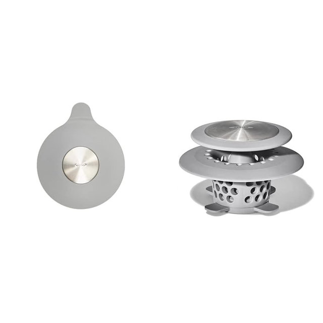 OXO Good Grips Silicone/Stainless Steel Tub Stopper (Grey) and OXO Good Grips Stainless Steel Hair Catch Drain Protector