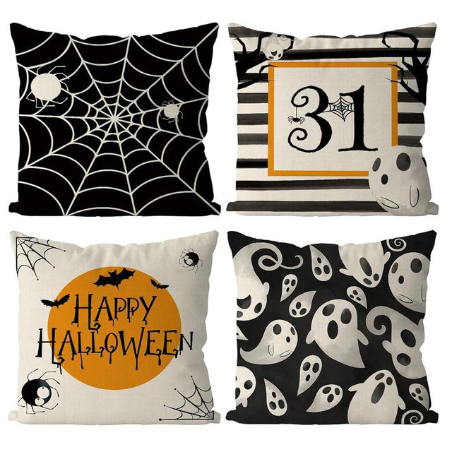 Halloween Pillow Covers 18x18 Inch Set of 4 Spider Web Ghost Pillowcase Black Stripe Holiday Farmhouse Throw Pillows Indoor Outdoor Couch Cushion Case for Home Sofa Decor