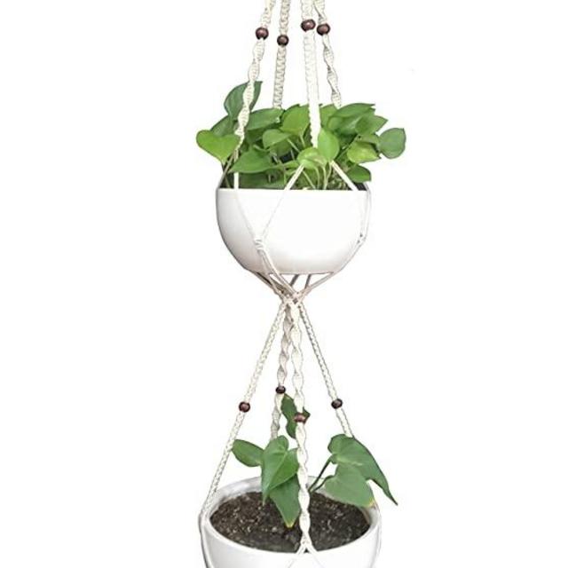 Macrame Plant Hanger & Holder, Hanging Planter 4 Legs Double Deck for 8 inch to 10 inch Two Pots Indoor Outdoor Hanging Planter Hemp Rope 67 Inch with Metal Ring (Cotton)
