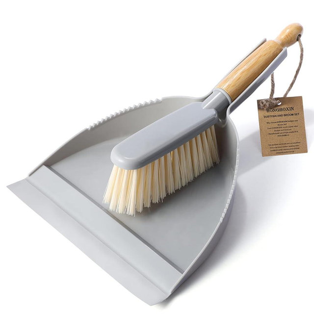 HONGBOXIN Small Dustpan and Brush Set, Mini Broom and Dustpan Set, Pet Dustpan, Hand Broom and Dust Pan Combo Set for Home, Floor, Office, Grey