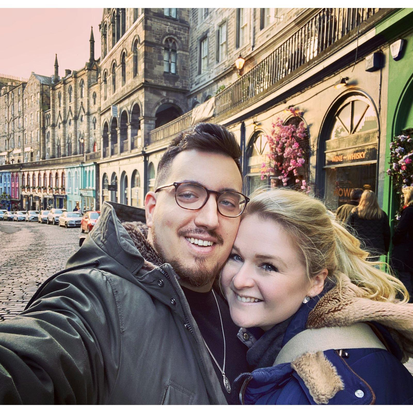 On an iconic street in Edinburgh, right before Collin asked Larissa if he should buy a kilt. She said no.