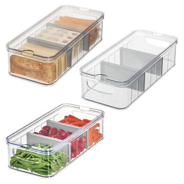 iDesign Large Fridge Organizer Bin with Removable Divider and Lid - Set of 3 - Clear/Gray