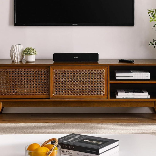 LKTART 59 Inch TV Stand with Storage Modern TV Entertainment Center for Living Room Solid Wood Feet & Rattan Cabinet Doors, Light Wood