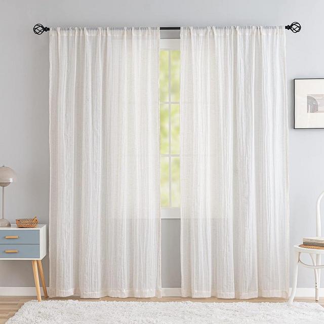 AUFENLLY Plicated Linen Sheer Curtains 84 Inch Length 2 Panels Set Linen Blended Elegant Contemporary Semi Sheer Curtains for Living Room Rod Pocket 48 x 84 Inch 2 Panels, Natural White