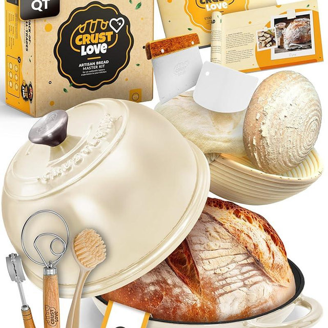 CRUSTLOVE Dutch Oven Bread Baking - 5QT Enamel Bread-Oven - incl Sourdough Bread-Baking Suppliers like Dough Whisk Scoring Lame etc Bread-Dome Cast Iron Bread-Pan with Lid for Sour dough, Bread-making