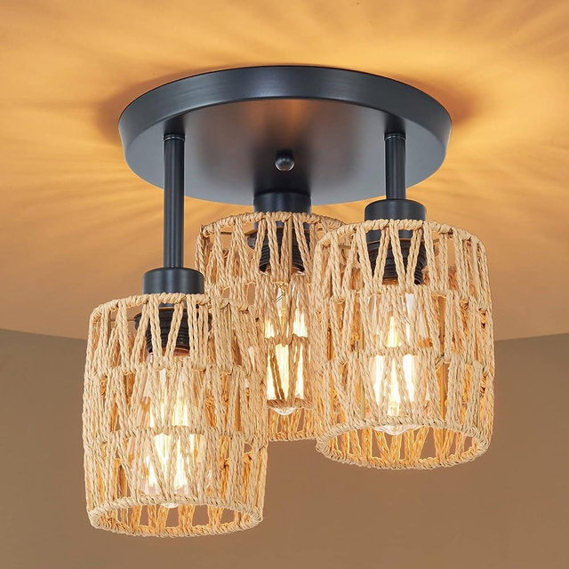 3-Lights Woven Rattan Ceiling Light Fixture,Farmhouse Hand-Woven Cage Semi Flush Mount Ceiling Light, Boho Coastal Natural Basket Close to Ceiling Light for Bedroom Hallway Corridor Nursery Entryway