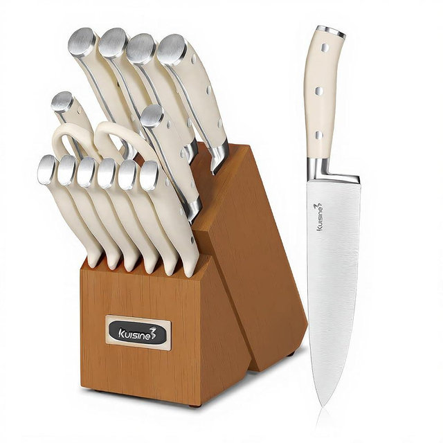Kuisine Kitchen Chef Knife Set Upgraded,High Carbon Stainless Steel Ultra Sharp Blade Ergonomic Handle,Knife Block Set with Built-in Sharpener,Elegant Gift for Holiday(Acacia Ivory,15PCS)