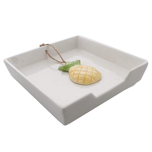 White Ceramic Lunch Napkin Holder with Roped Weight - Pineapple