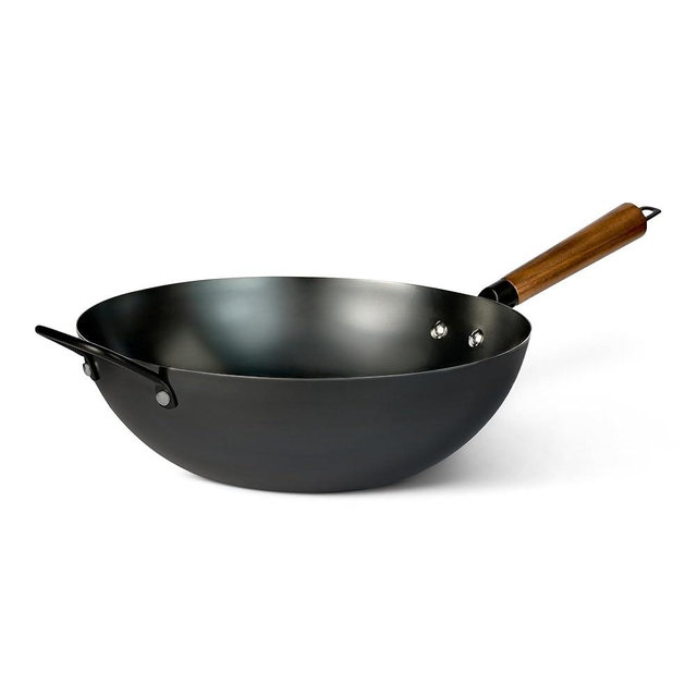 Amazon Basics Carbon Steel Pre-Seasoned Wok with Acacia Wood Handle, All Cooktop Friendly, 12.6 in.