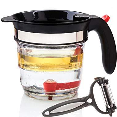 Best Fat Separator with bottom release (4 cups) -Gravy Separator/Fat Separator measuring cup/Grease Separator/Oil Separator/Fat separator with strainer/Gravy and Fat Seperator By Vondior