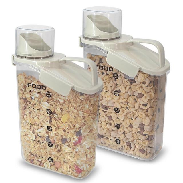 Two Pack Food & Cereal Storage Container - 2.6L Airtight Plastic Kitchen Organizer Bin with Pouring Spout Measuring Cup Lid, Ideal for Dry Food, Rice, Sugar, Pet Food dispenser - BPA free
