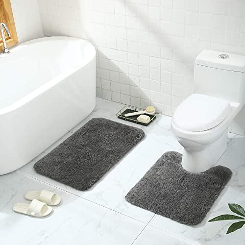 Buganda Microfiber Bathroom Rugs Set 2 Pieces - Shaggy Soft Bath Mat & U-Shaped Toilet Rug, Non-Slip Machine Wash/Dry Absorbent Shower Bathroom Rugs and Mats Sets for Bathroom(20"x24"+20"x32", Grey)