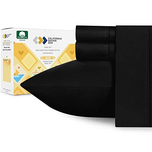 400 Thread Count 100% Cotton Sheet Set, Black Full Sheet Set 4 Piece Set, Long-Staple Combed Pure Natural Cotton Bedsheets, Breathable, Soft Sateen Weave Sheets Set by California Design Den