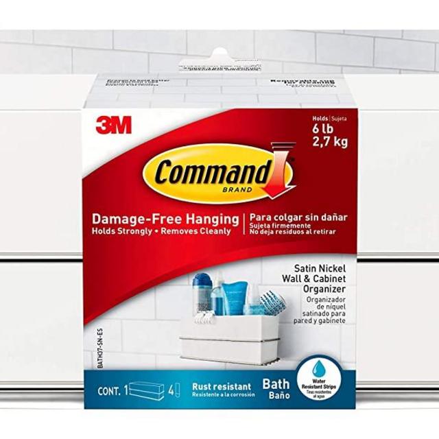 Command Bath Wall and Cabinet Organizer, Holds 6 lbs, 1 Organizer, 4 Strips, BATH37-SN-ES