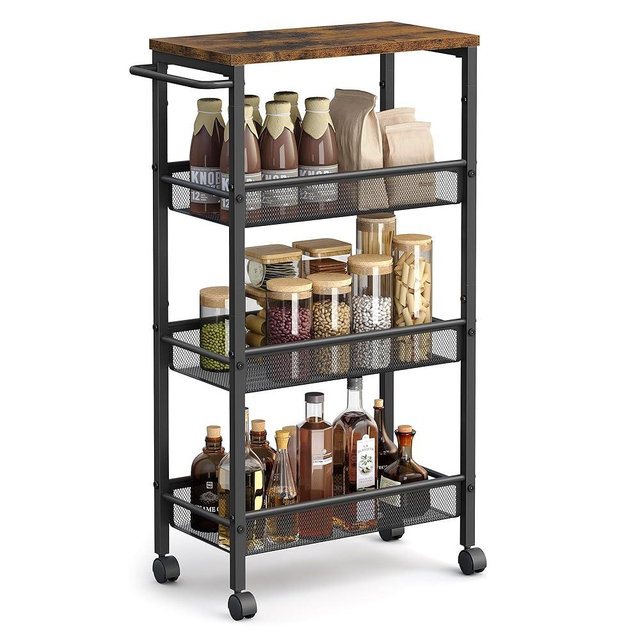 VASAGLE Slim Rolling Cart, 4-Tier Storage Cart, Narrow Cart with Handle, 8.7 Inches Deep, Metal Frame, for Kitchen, Dining Room, Living Room, Home Office, Rustic Brown and Classic Black ULRC033B01