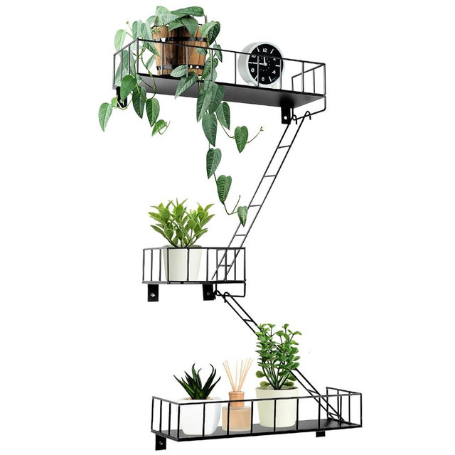 Zonon Fire Escape Wall Shelf Hanging Metal Ladder Shelves Wall Decor Cool Bookshelf Organizer Floating Shelves Action Figure Shelf for Home Bedroom Storage Display(Short 3 Tier)