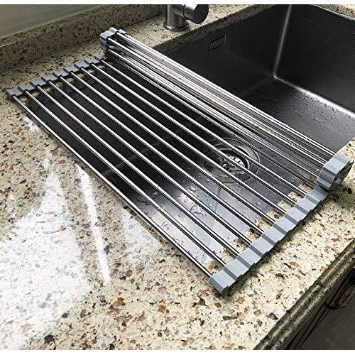 Attom Tech Home 17.7" x 11.5" Long Dish Drying Rack, Roll Up Dish Racks Multipurpose Foldable Stainless Steel Over Sink Kitchen Drainer Rack for Cups Fruits Vegetables