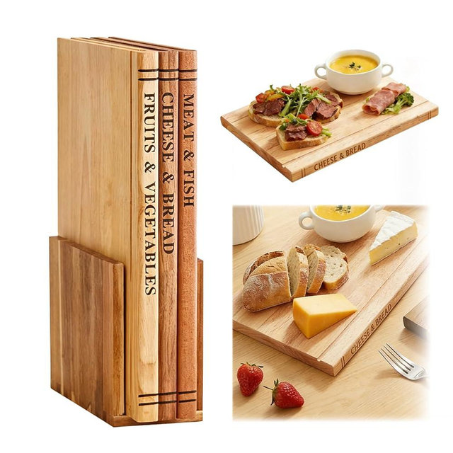 Book Cutting Board Set with Stand, Wooden Cutting Boards for Kitchen Like Books, Acacia Wood Library with Holder, Cutting Boards That Look Like Books Labeled for Meat, Decorative Wood Kitchen Gift