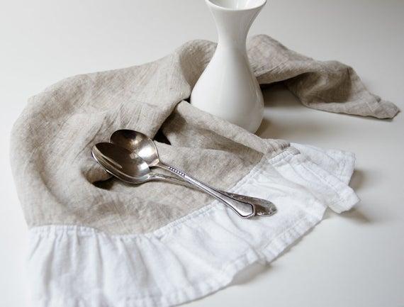 Set of Ruffled Linen Teatowels Dishtowels Kitchen Towels European Flax Linen Rustic Romantic Eco-friendly Hand Towels Stonewashed Tea Towels