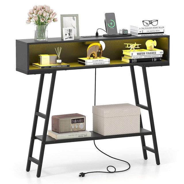 Giantex Console Table with Charging Station & LED Lights, 40" Entryway Table with Storage Shelves, 3-Tier Display Shelf for Small Space, Sofa Table for Living Room (Black)