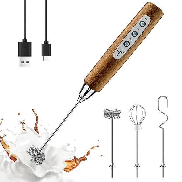 YUSWKO Wood Grain Handheld Milk Frother Wand for Coffee, Rechargeable Electric Whisk with 3 Heads 3 Speeds Drink Mixer Coffee Frother For Latte, Cappuccino, Hot Chocolate, Egg