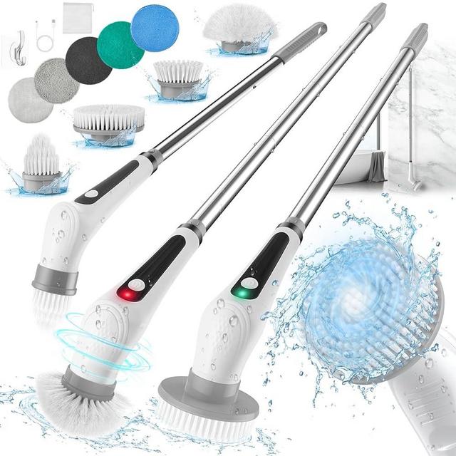 Veken Electric Spin Scrubber with Ball Brush, Shower Scrubber with Long Handle and 9 Brush Heads, IPX8 Waterproof Bathroom Scrubber with 2 Speeds, Electric Cleaning Brush for Tub, Sink, Glass, Tile